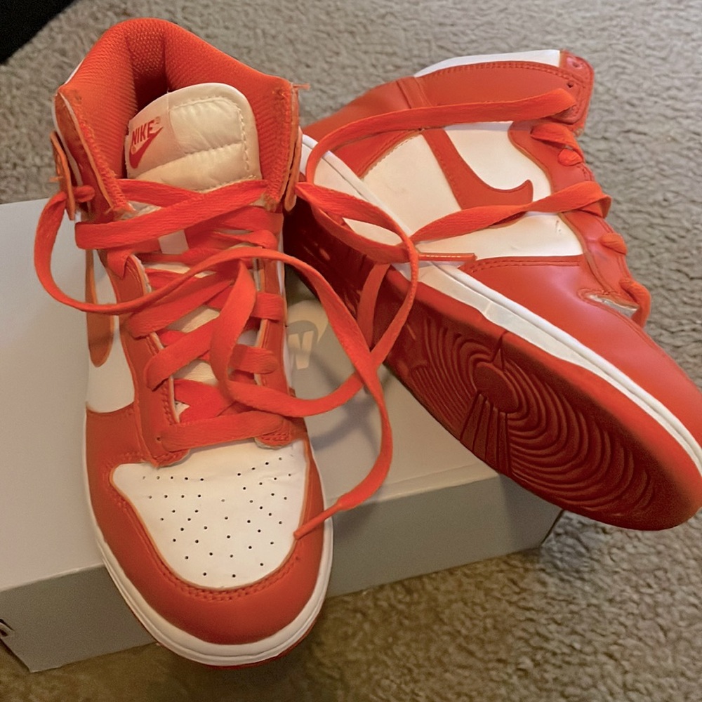 Orange white high top Nike Dunks size 2 youth